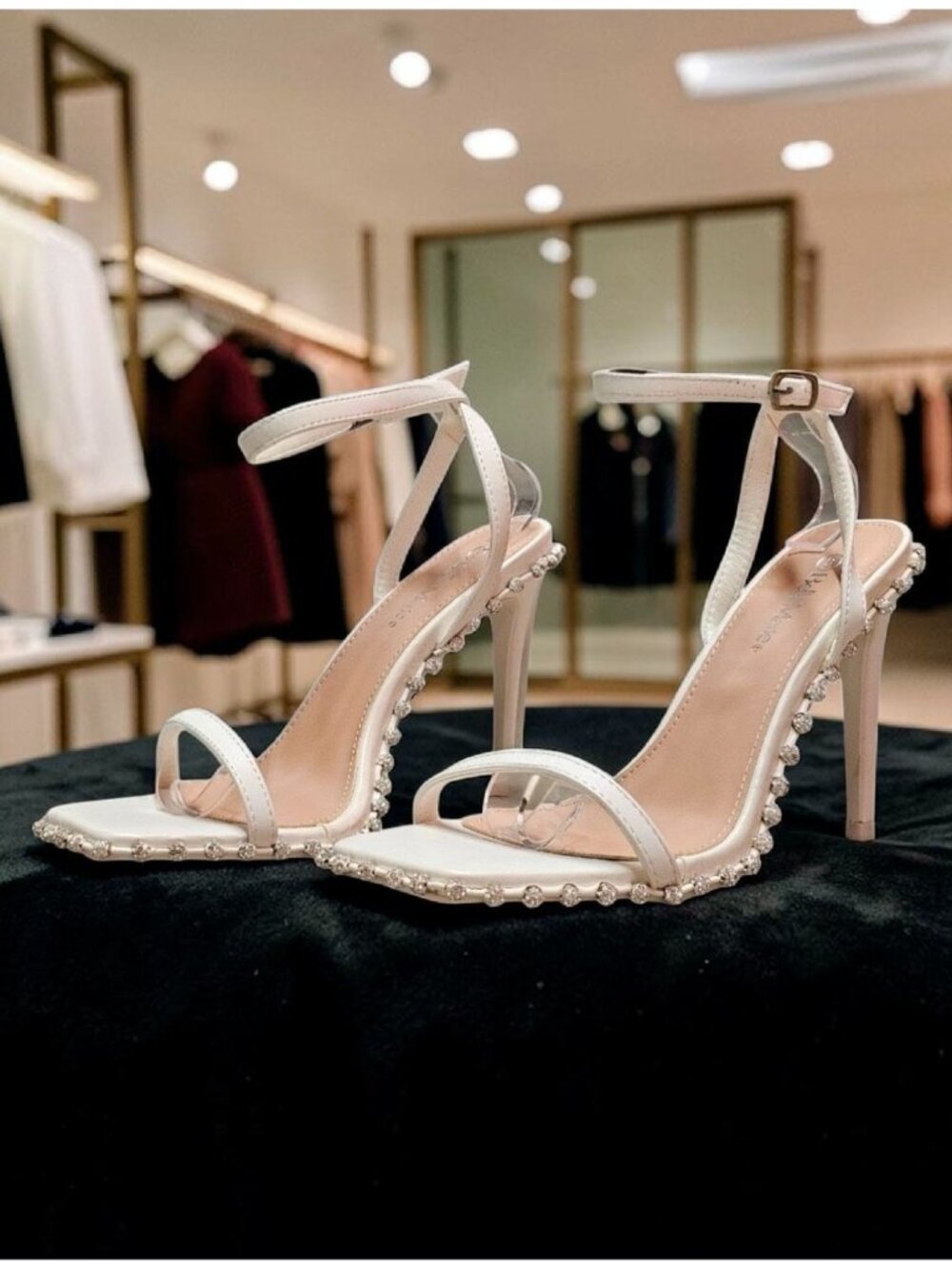 Rhinestone Embellished White High Heel Sandals With Ankle Strap & Square Toe Des